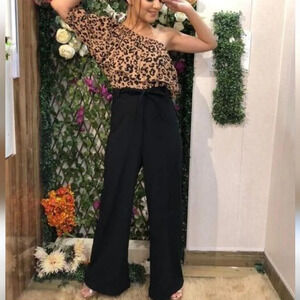 Tiger Print Wide Leg One Shoulder Ruffle Jumpsuit -BNWOT size S/M